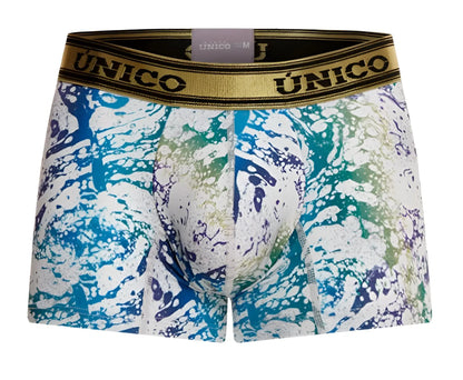 Unico 24020100105 gasoleo trunks color 59-white men’s boxer briefs with vibrant blue green white paint-splatter pattern on stretchy fabric and gold-trimmed waistband