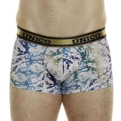 Unico 24020100105 Gasoleo trunks men’s boxer briefs with blue green white paint splatter pattern and gold waistband