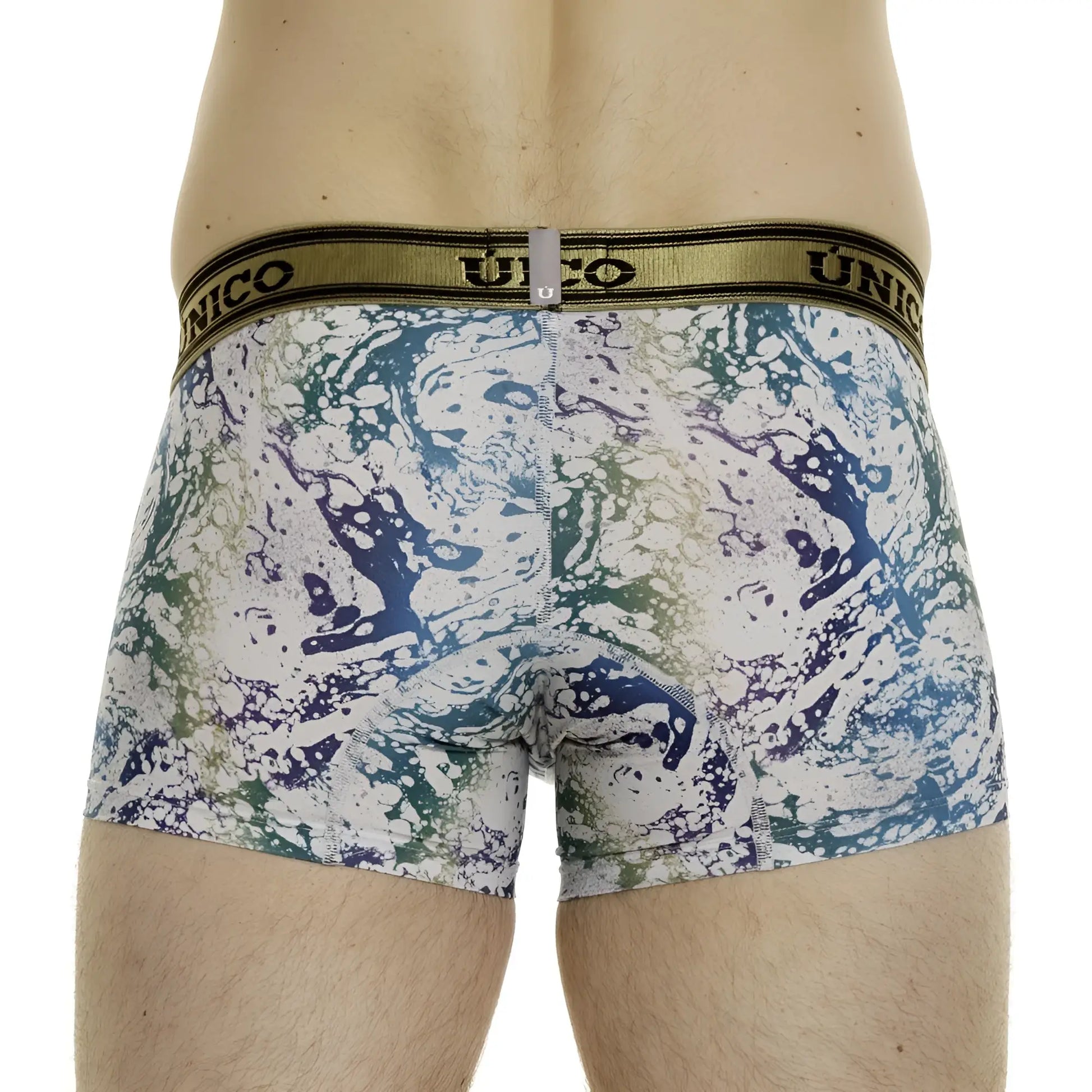 Unico 24020100105 gasoleo trunks white with vibrant blue green purple marbled pattern and olive-green waistband men’s boxer briefs