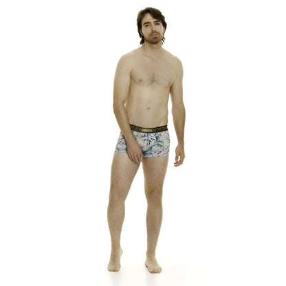 Men’s unico 24020100105 gasoleo trunks in white with light blue tropical leaf pattern and gold elastic waistband