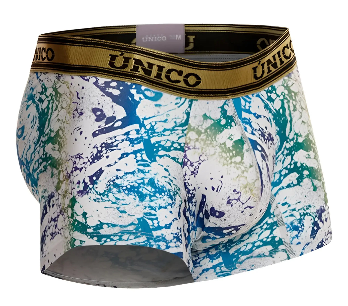 Unico 24020100105 Gasoleo men’s boxer briefs in white with vibrant blue green paint splatter on stretchy fabric