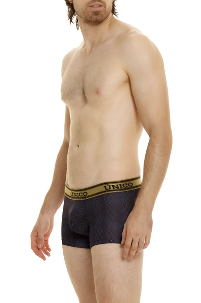 Dark blue unico 24020100106 laca trunks boxer briefs with subtle geometric pattern and gold waistband trim in black