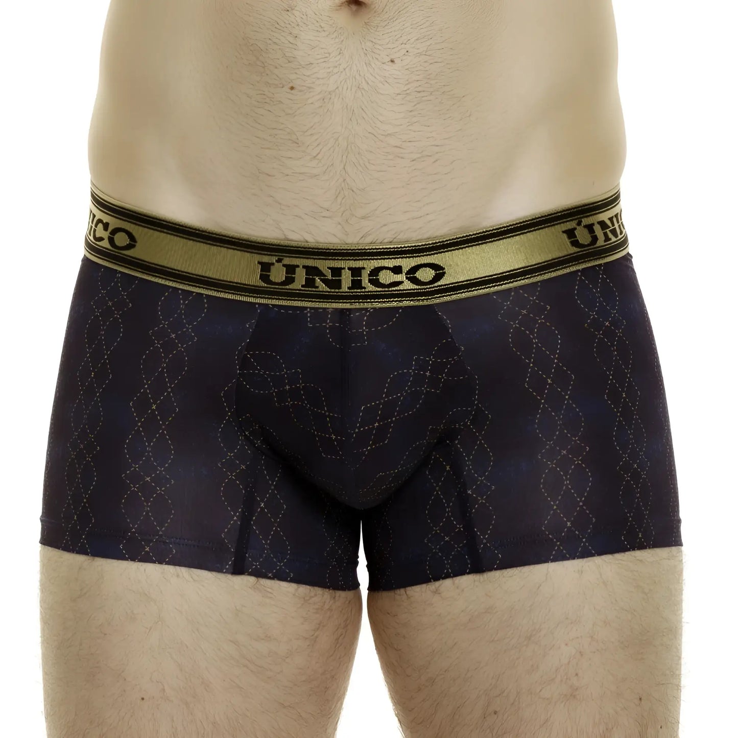 Dark blue unico 24020100106 laca trunks boxer briefs with subtle gold diamond pattern and gold waistband with brand name