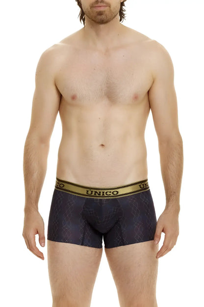 Dark blue unico 24020100106 laca trunks with subtle geometric pattern and gold elastic waistband color 46-black