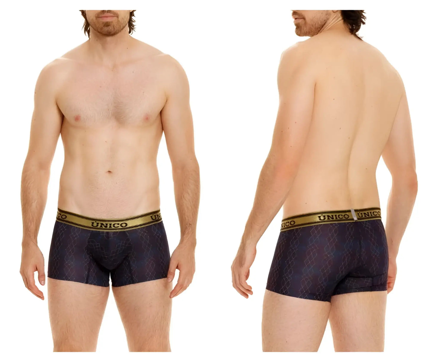 Dark blue unico 24020100106 laca trunks with subtle geometric pattern and gold-trimmed waistband in color 46-black