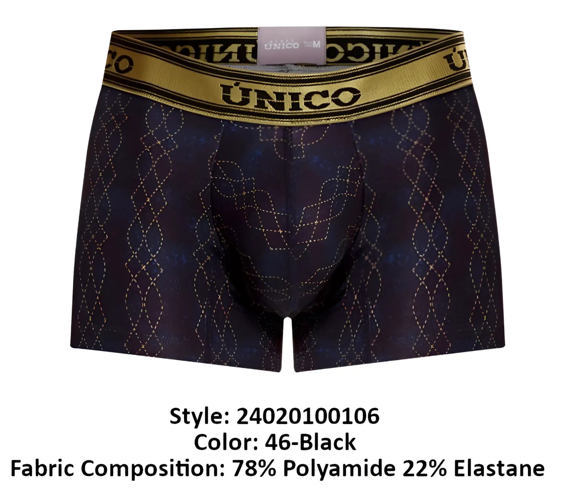 Dark blue unico 24020100106 laca trunks with a gold diamond pattern and gold waistband color 46 black