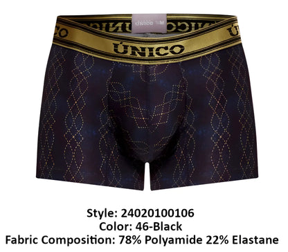 Dark blue unico 24020100106 laca trunks with a gold diamond pattern and gold waistband color 46 black