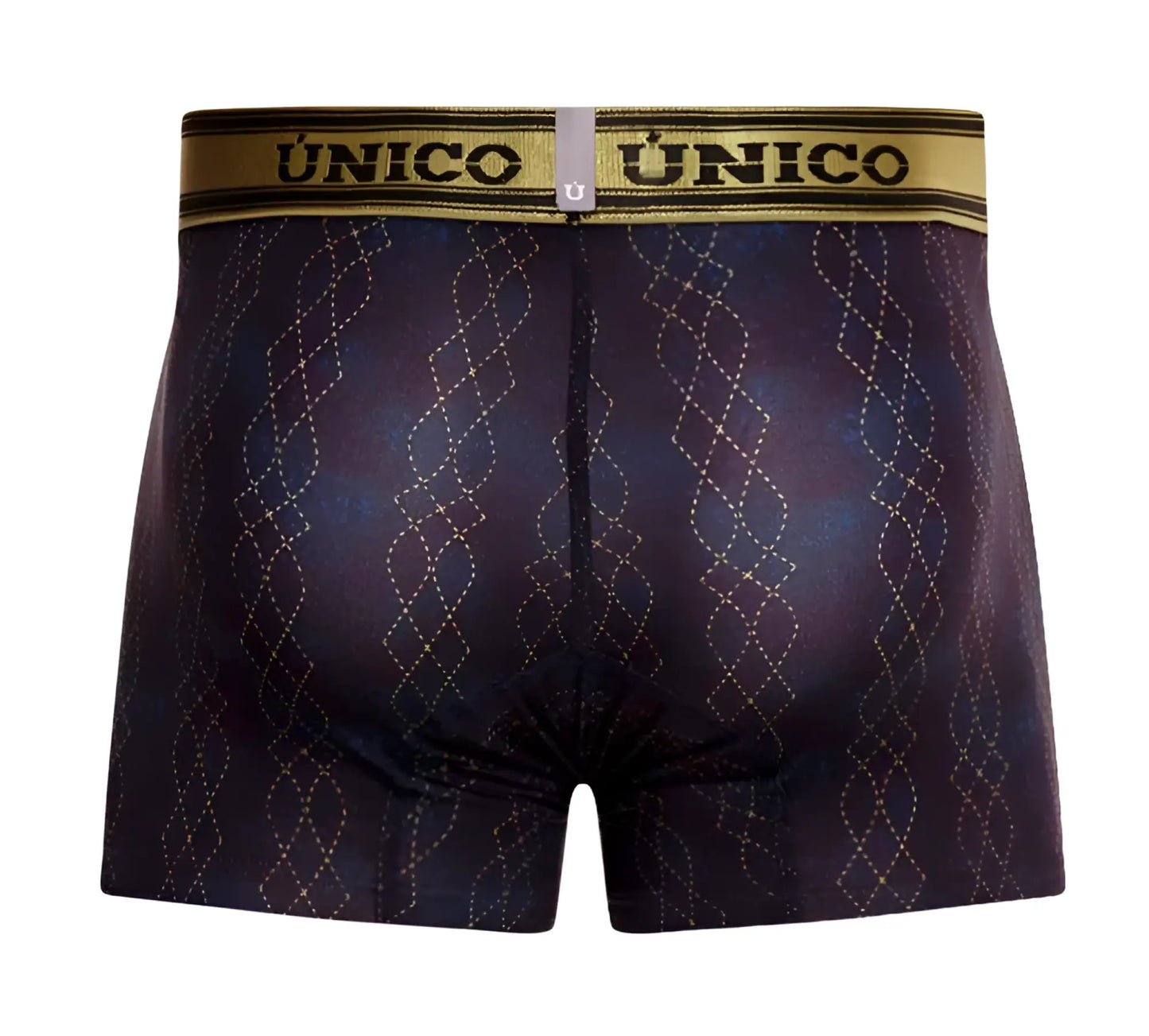 Dark blue and purple patterned unico laca trunks with gold trim waistband in color 46 black boxer briefs