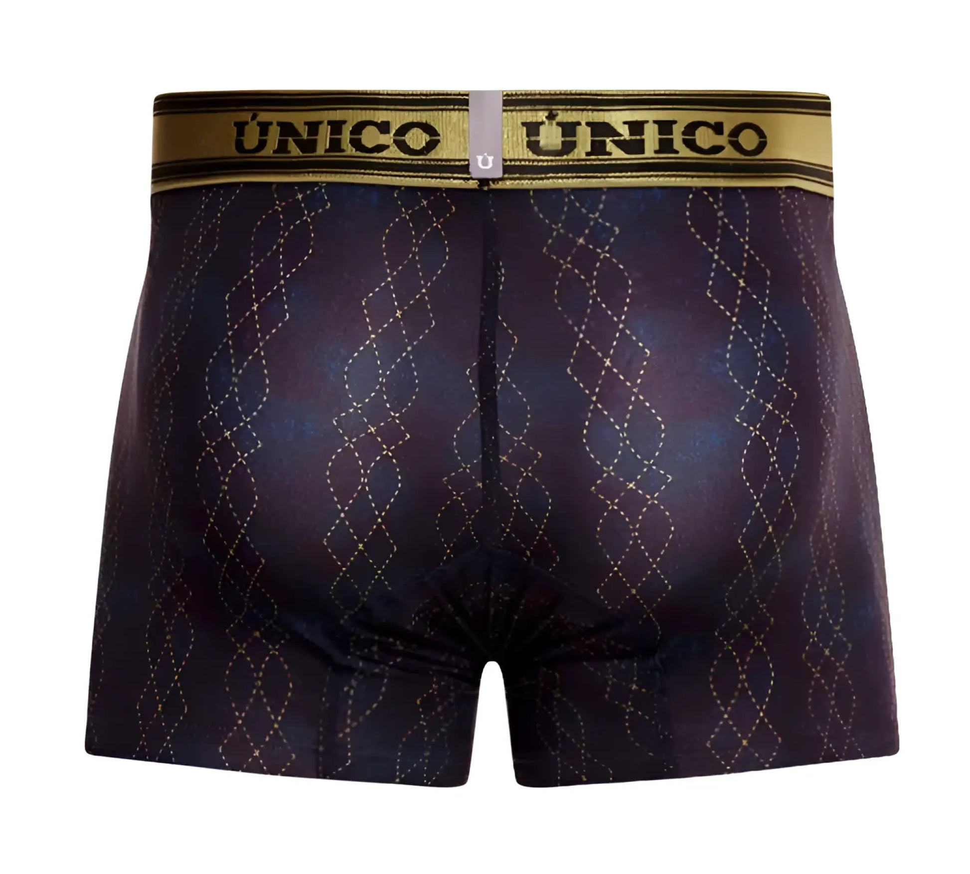 Dark blue and purple patterned unico laca trunks with gold trim waistband in color 46 black boxer briefs