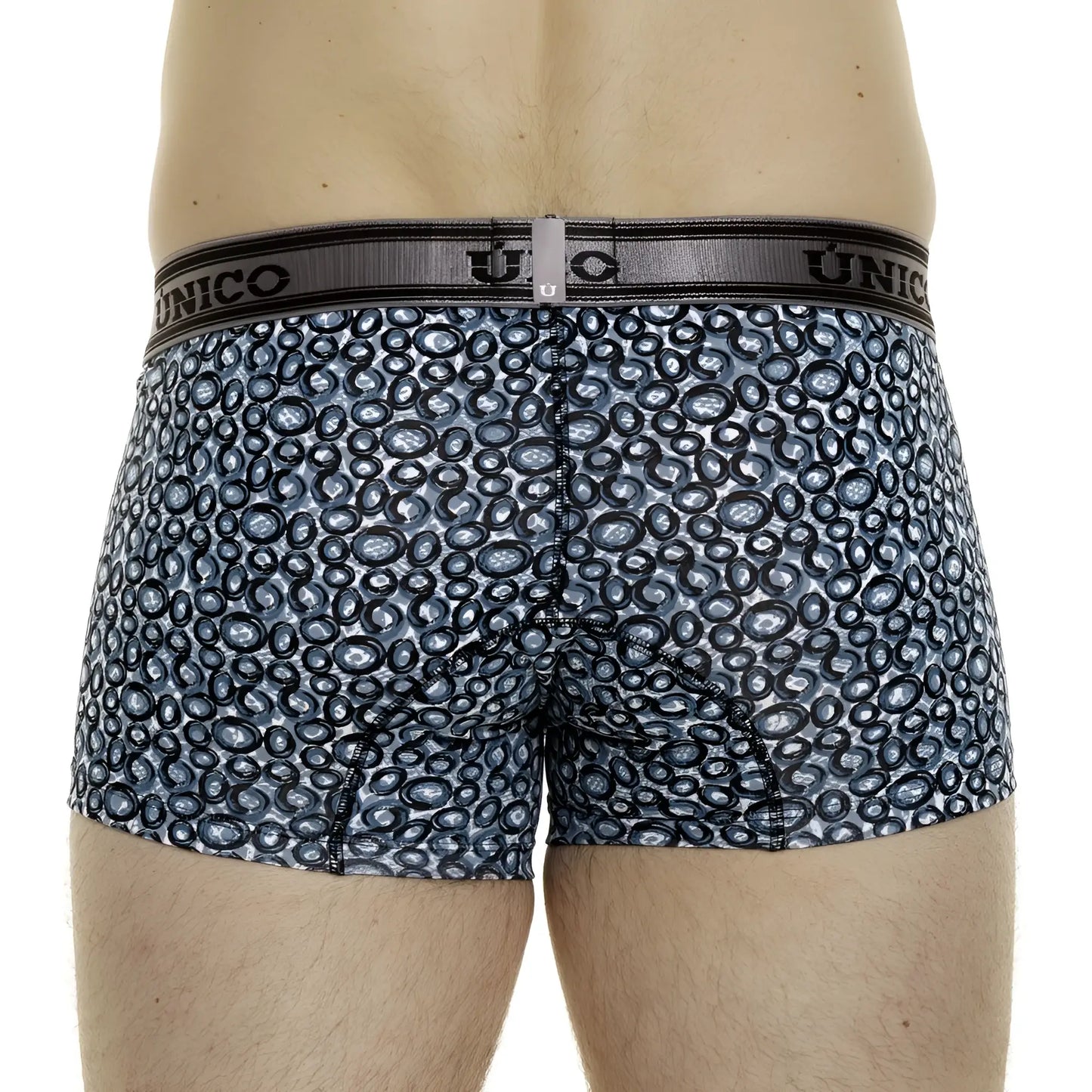 Unico 24020100110 redondel trunks blue and black circular patterned men’s boxer briefs with gray elastic waistband