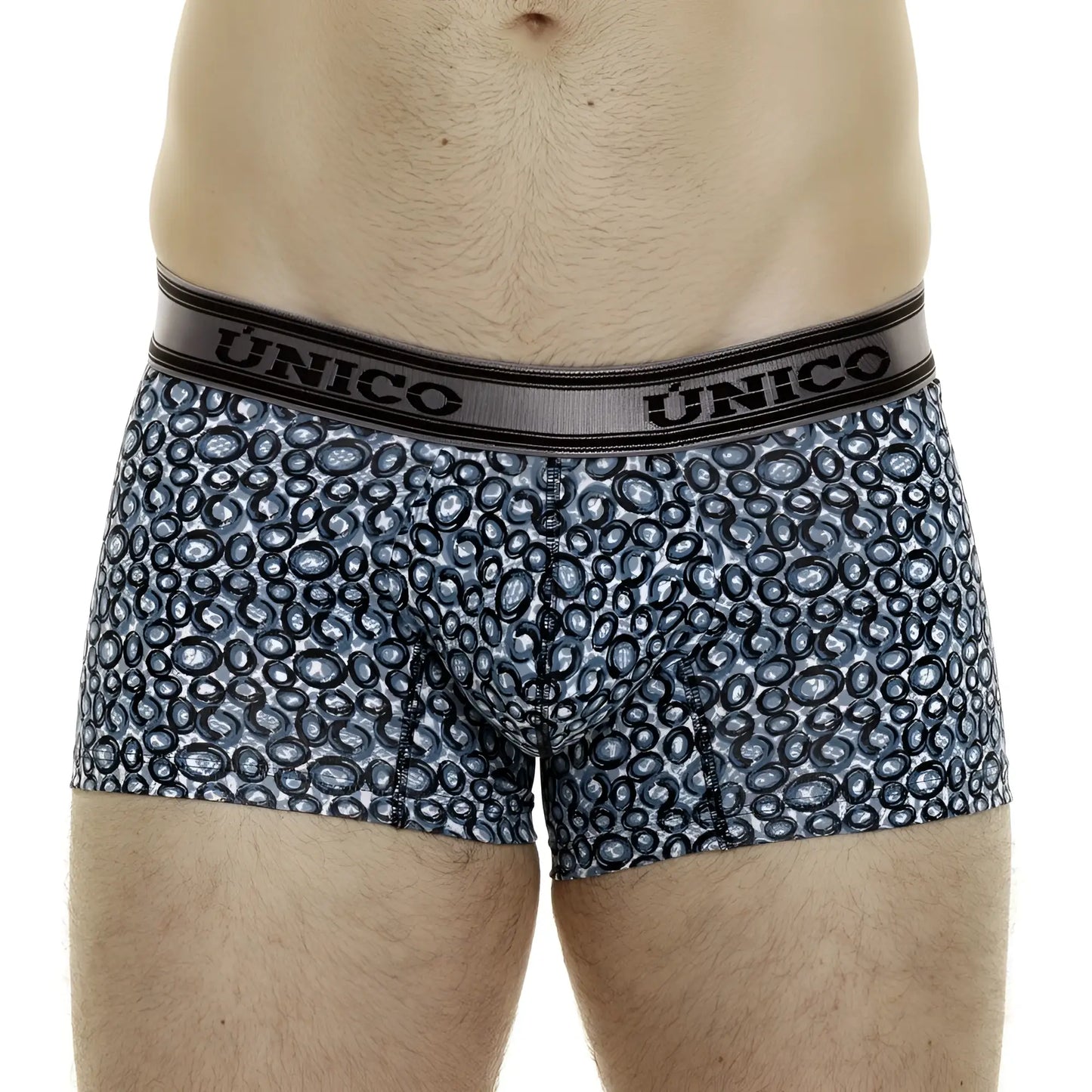Unico 24020100110 redondel trunks men’s boxer briefs with dark gray and light blue circle pattern on white background