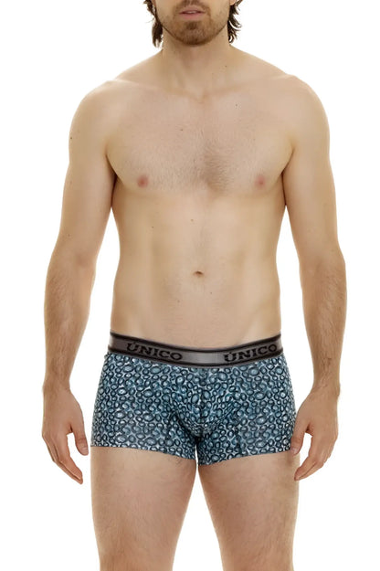 Blue leopard-print boxer briefs with black unico waistband in redondel trunks style color 46-blue