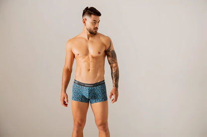 Unico 24020100110 redondel blue patterned men’s boxer briefs with black elastic waistband and unico branding
