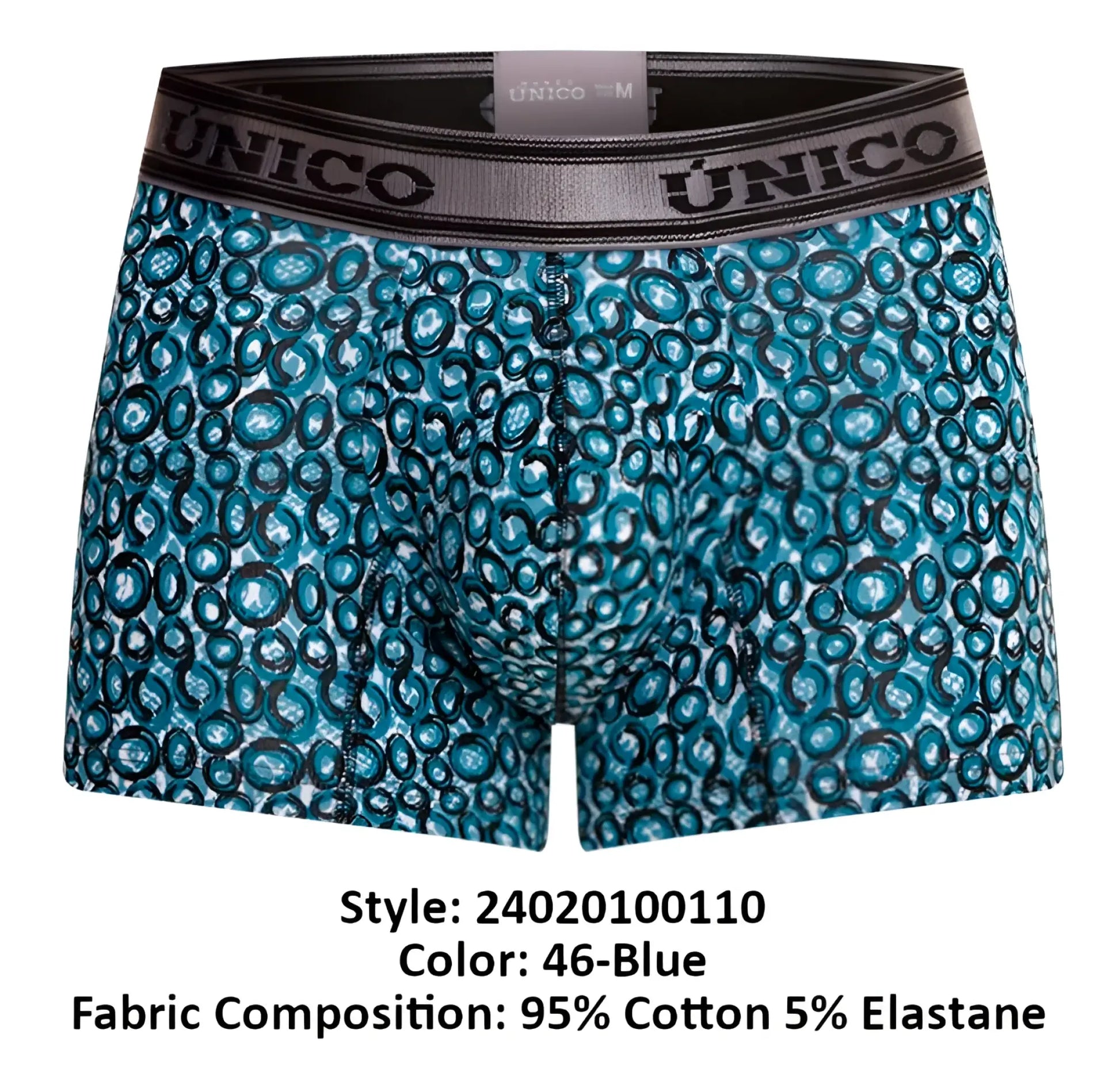 Blue patterned men’s boxer briefs with a black and gray unico elastic waistband in the Unico 24020100110 Redondel Color 46-Blue
