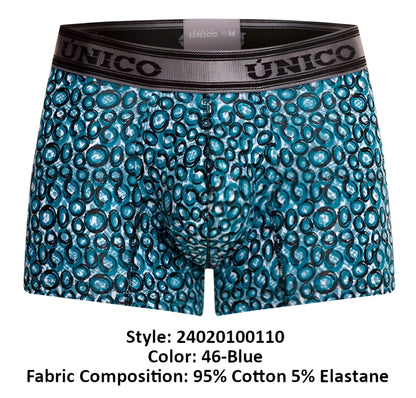 Blue patterned men’s boxer briefs with a black and gray unico elastic waistband in the Unico 24020100110 Redondel Color 46-Blue