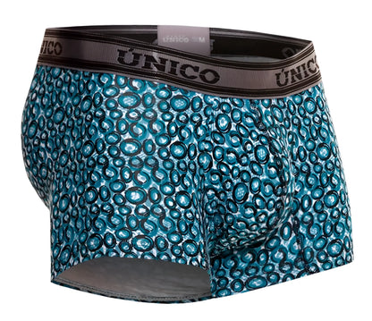 Unico 24020100110 redondel trunks mens boxer briefs in teal and black circular pattern with brown waistband