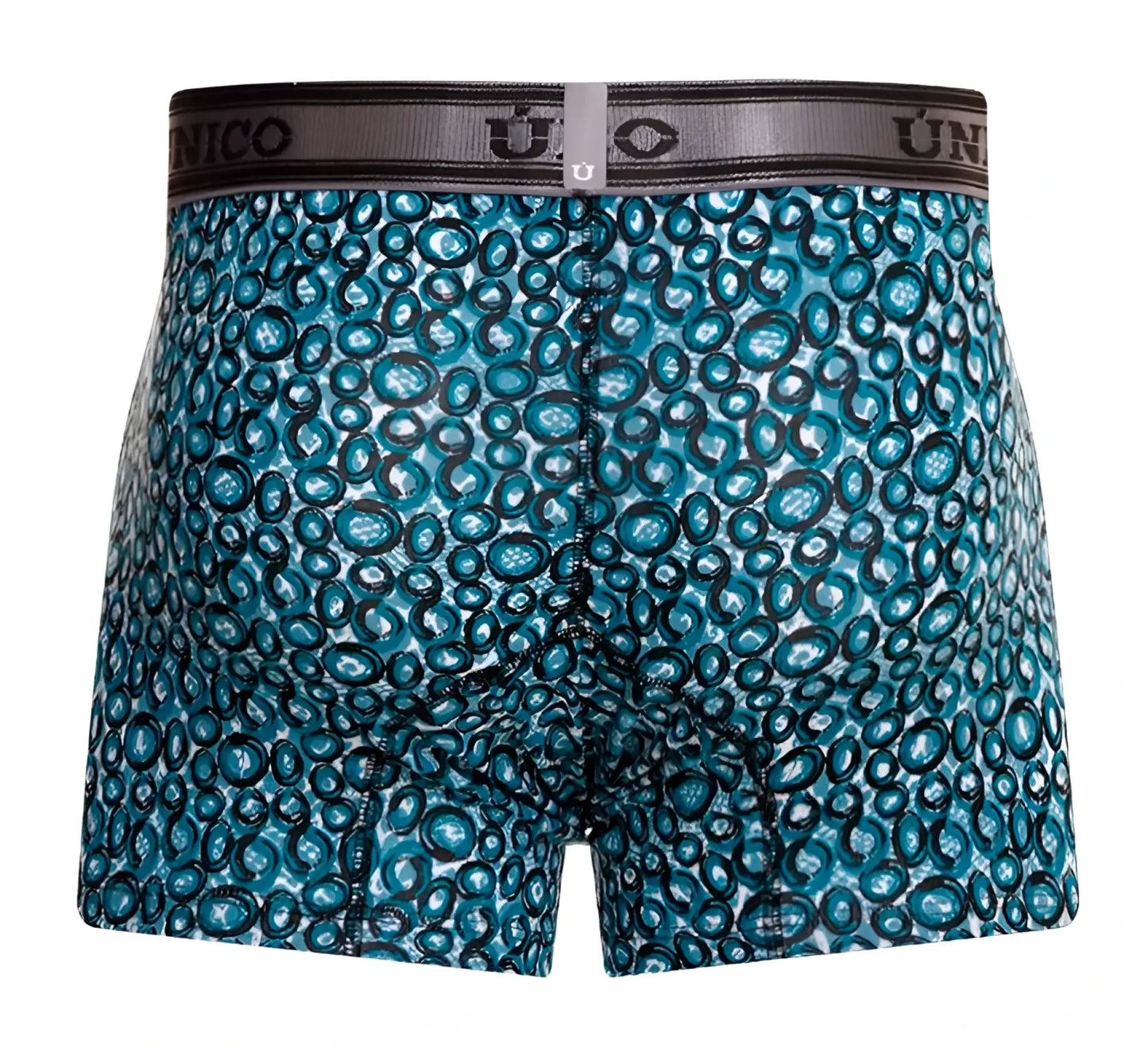 Unico 24020100110 redondel trunks in teal and black circular pattern with gray unico logo waistband in blue color