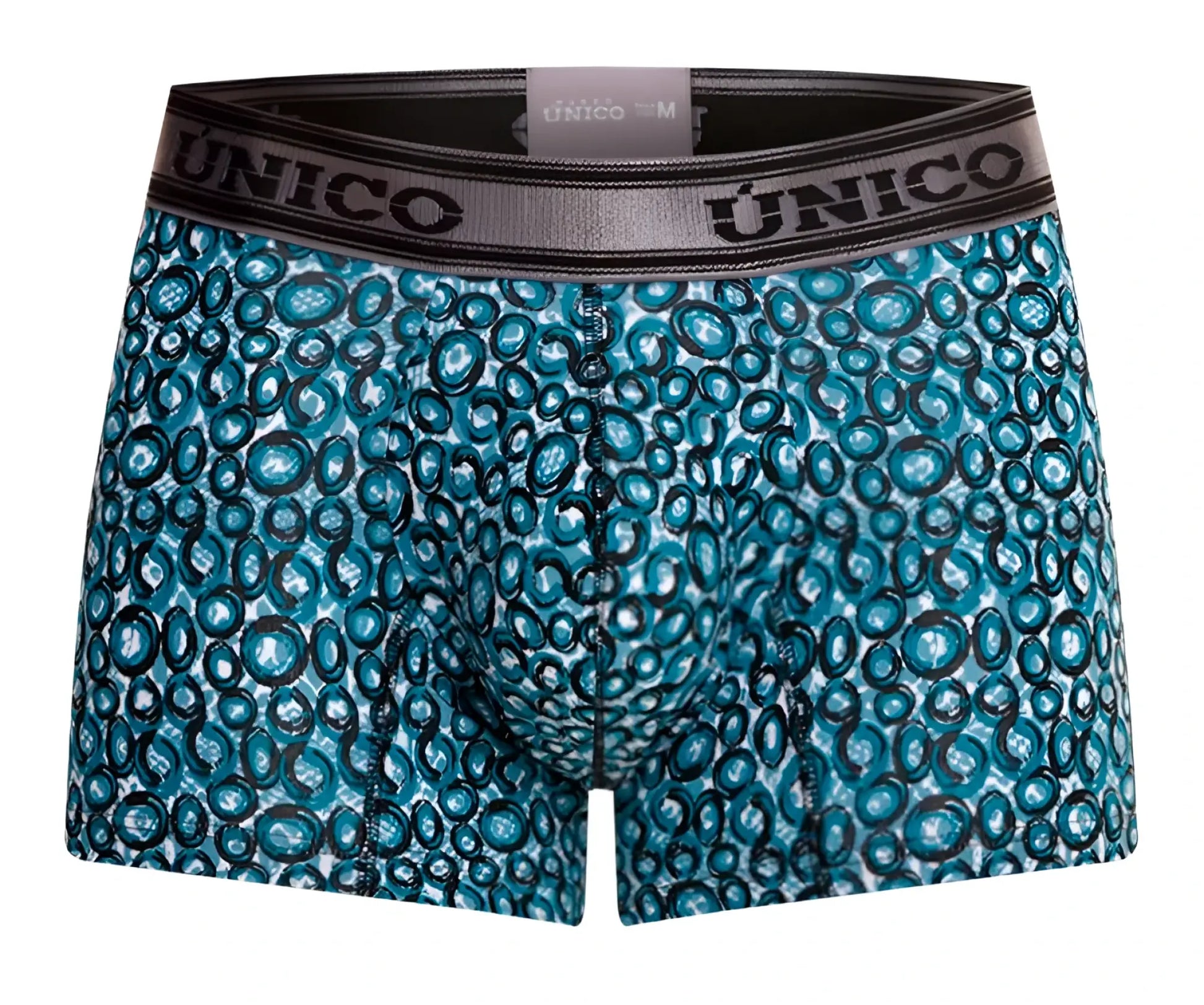 Unico 24020100110 redondel trunks in teal and black circular pattern with gray waistband men’s boxer briefs