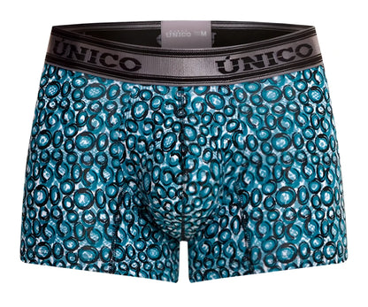 Unico 24020100110 redondel trunks in teal and black circular pattern with gray waistband men’s boxer briefs