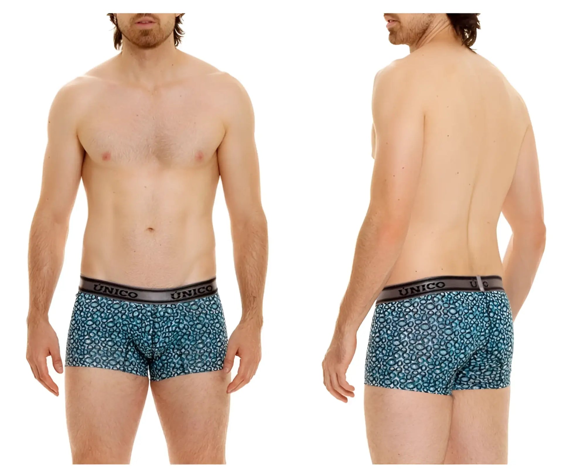 Unico redondel trunks teal and black leopard-print boxer briefs with branded elastic waistband in blue color