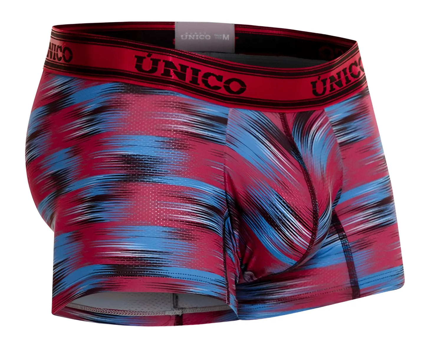 Unico 24020100112 Yute men’s boxer briefs in red and blue abstract pattern with black logo waistband