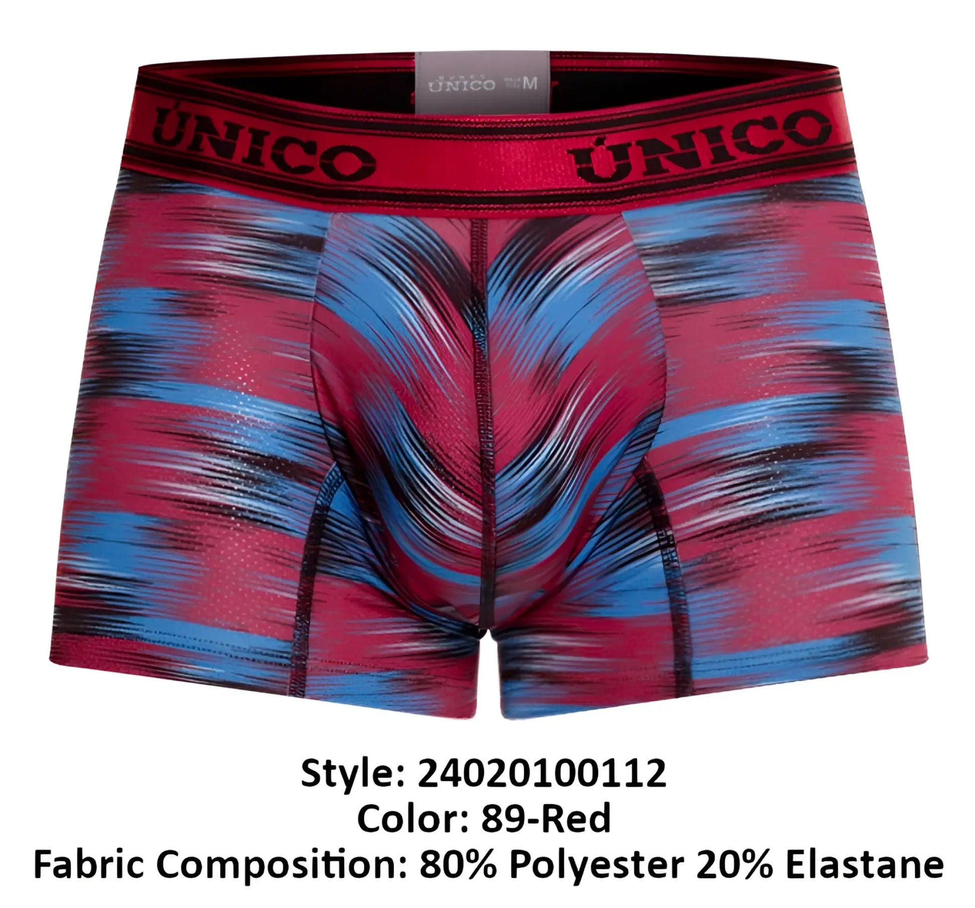 Unico 24020100112 yute trunks men’s boxer briefs with red and blue abstract pattern and black logo waistband