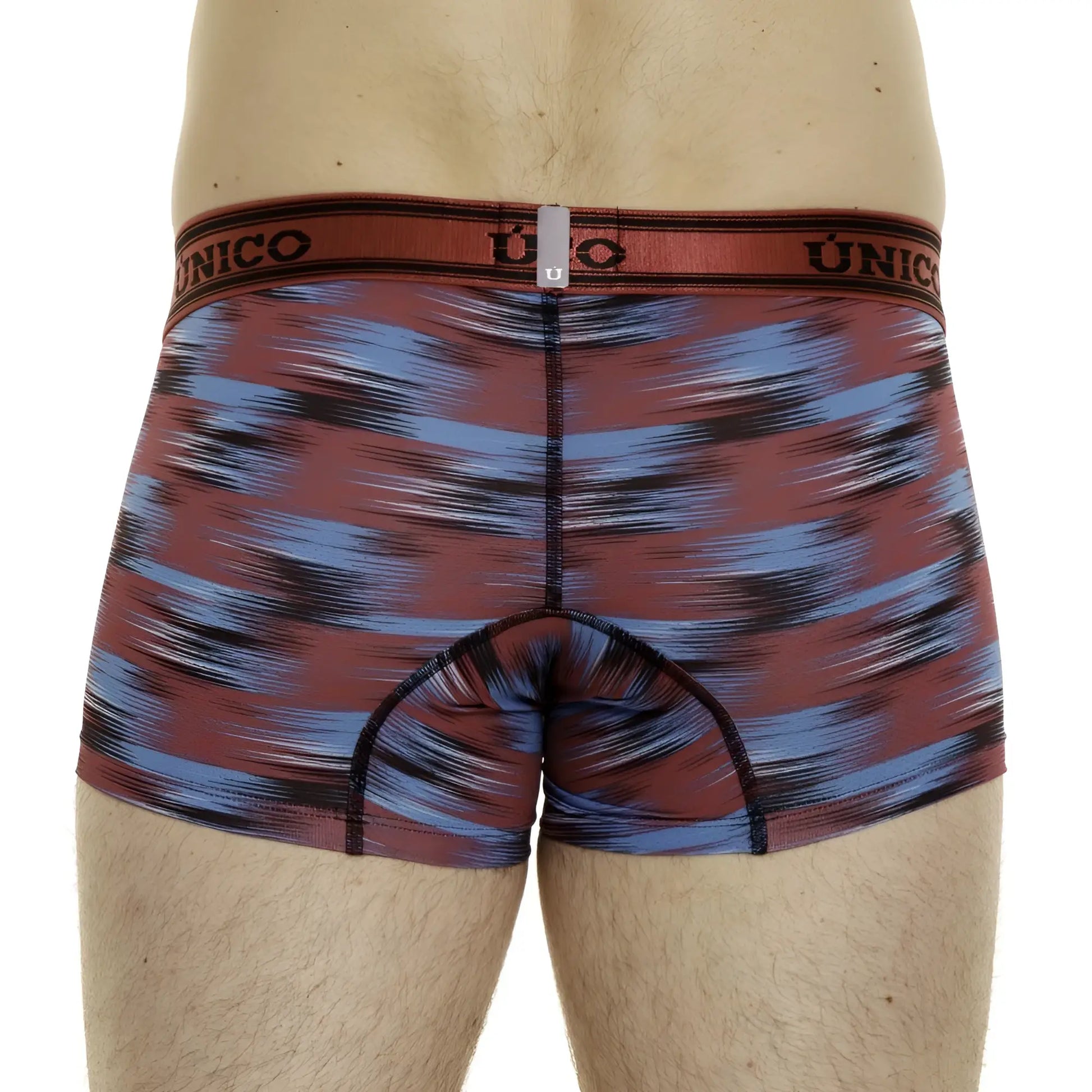 Unico yute trunks in red with blue abstract pattern and branded elastic waistband boxer briefs front view