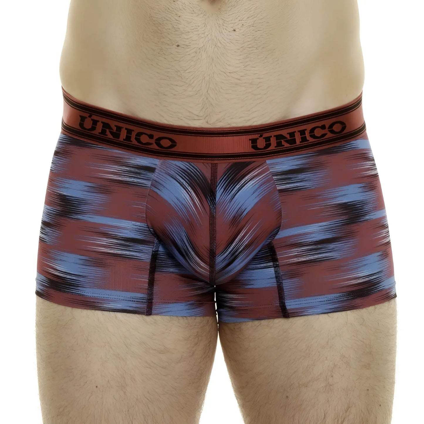Maroon and blue abstract patterned Unico boxer briefs with branded elastic waistband in Yute trunks color 89-Red