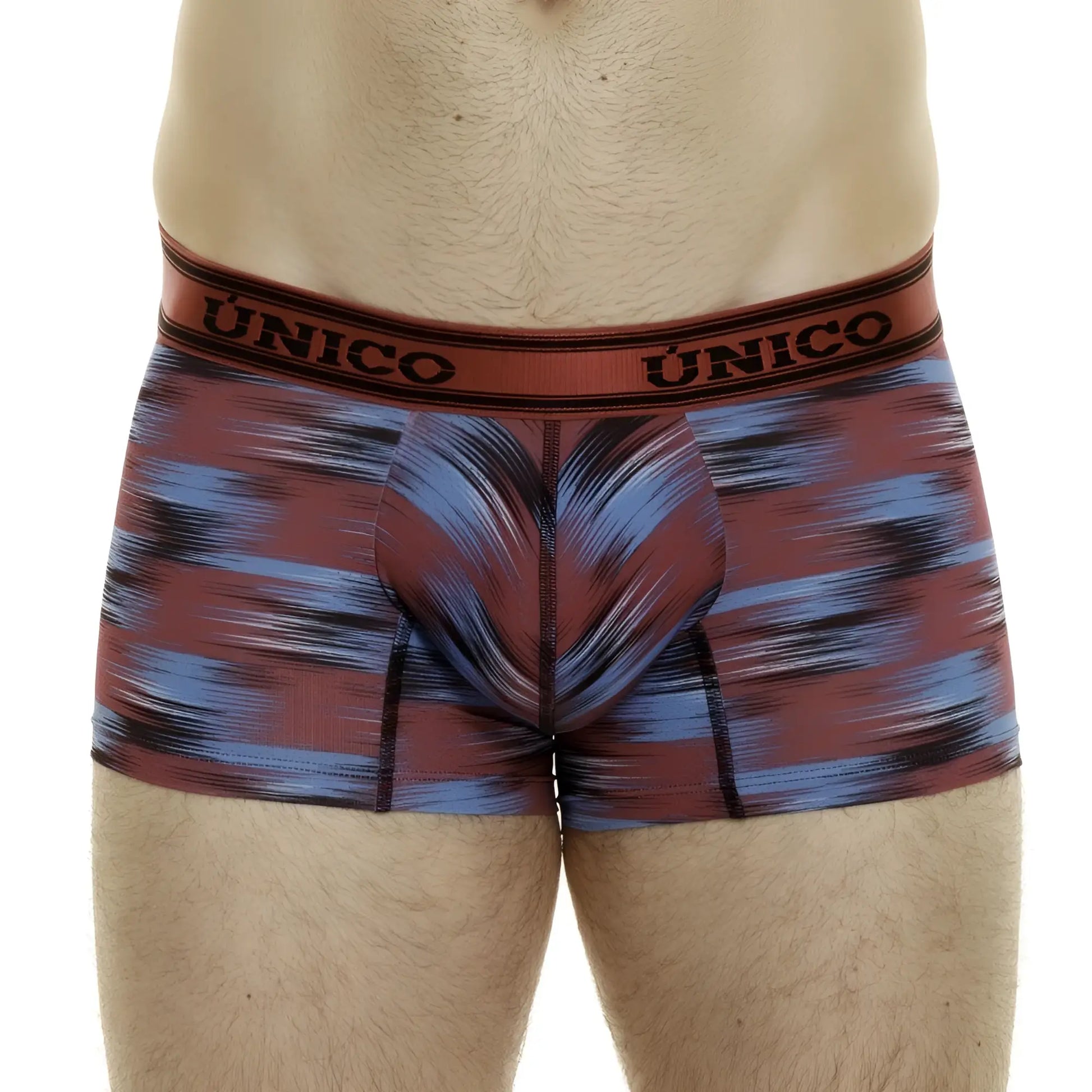 Maroon and blue abstract patterned Unico boxer briefs with branded elastic waistband in Yute trunks color 89-Red