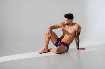 Men’s athletic briefs unico 24020100112 yute trunks in vibrant purple red and blue with matching elastic waistband