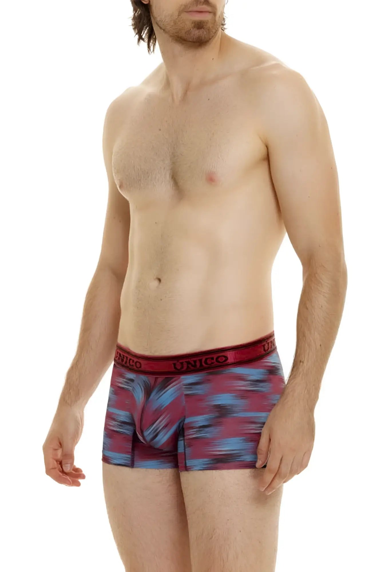Men’s unico yute trunks in color 89 red featuring maroon and blue abstract patterns with a solid red waistband