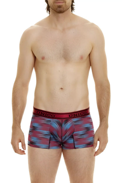 Men’s unico boxer briefs in maroon and blue abstract pattern with red elastic waistband unico 24020100112 yute trunks color 89-red