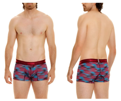 Men’s unico yute trunks boxer briefs in red and blue with abstract pattern and branded waistband color 89 red