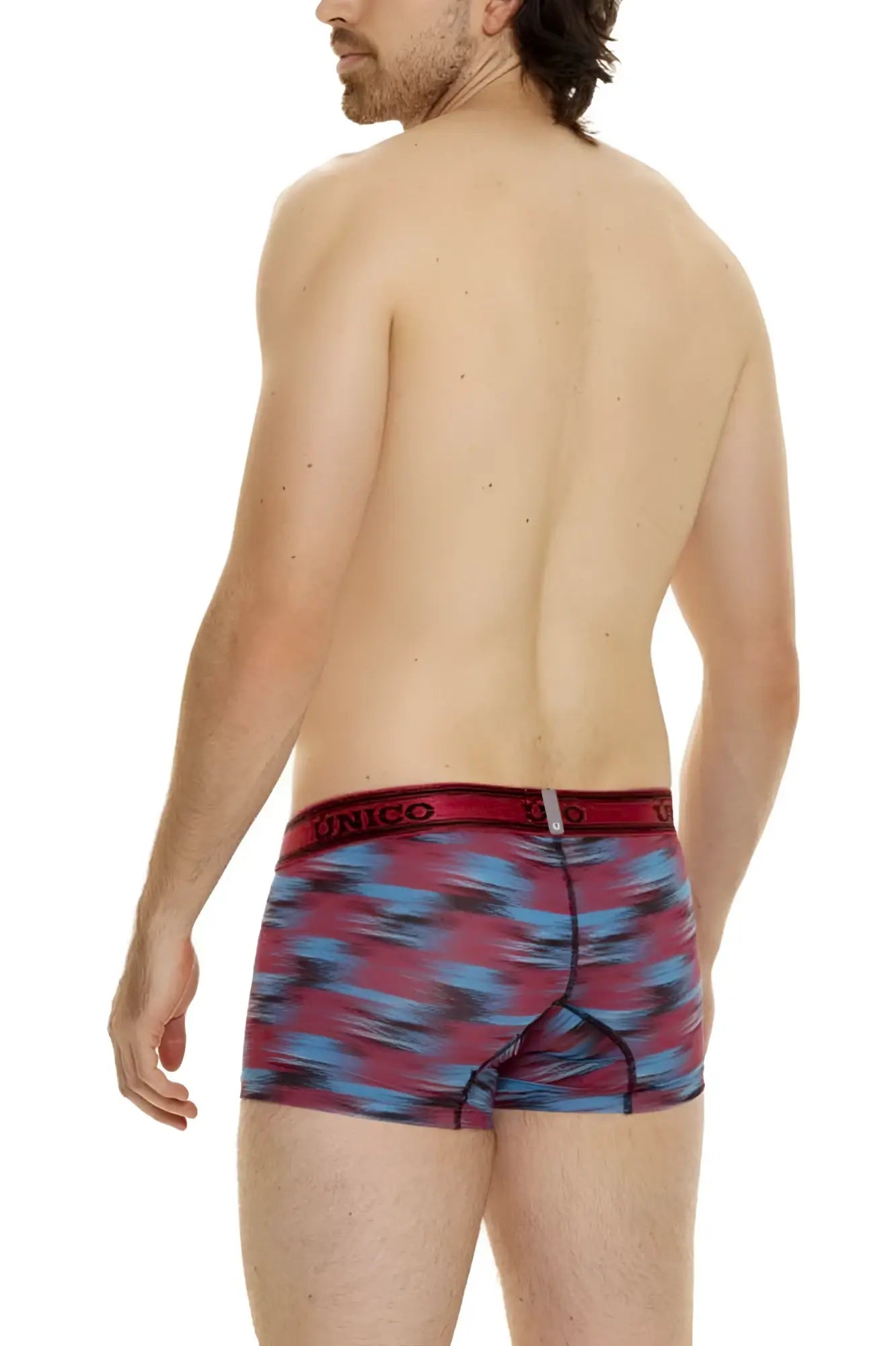 Men’s unico yute trunks boxer briefs in red and blue abstract pattern with matching elastic waistband