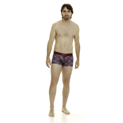 Men’s unico yute trunks boxer briefs with vibrant purple blue and red geometric pattern and dark waistband color 89-red