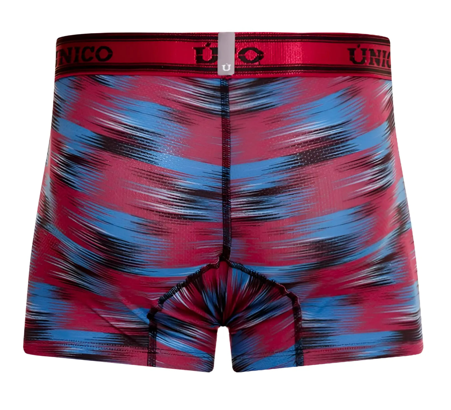 Unico yute trunks color 89 red vibrant red and blue abstract patterned boxer briefs with black waistband and unico logo