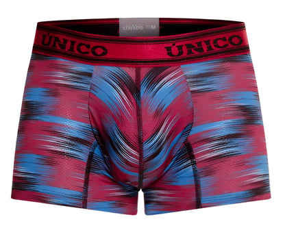 Men’s unico 24020100112 yute trunks with vibrant pink and blue abstract pattern and bold red waistband
