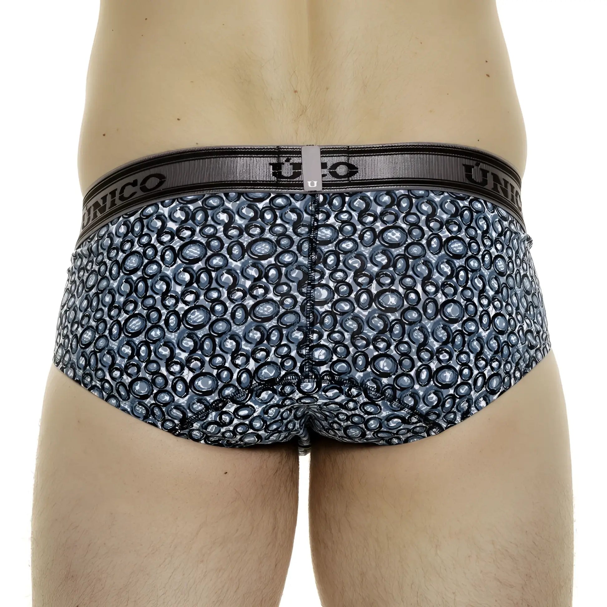 Unico 24020101110 redondel briefs for men with blue and black circular pattern and gray elastic waistband