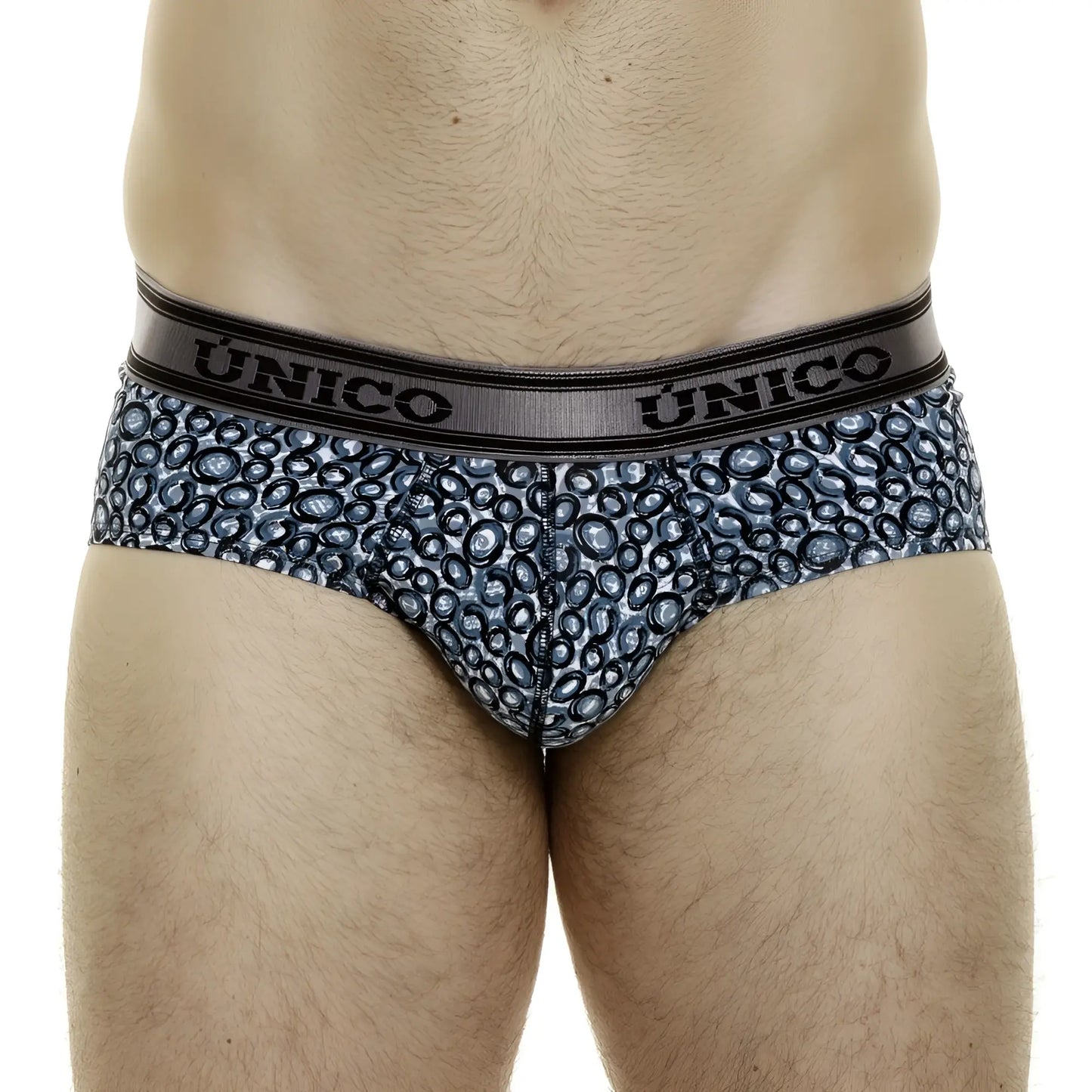 Unico 24020101110 redondel briefs in dark blue fabric with gray and black circle pattern and black elastic waistband