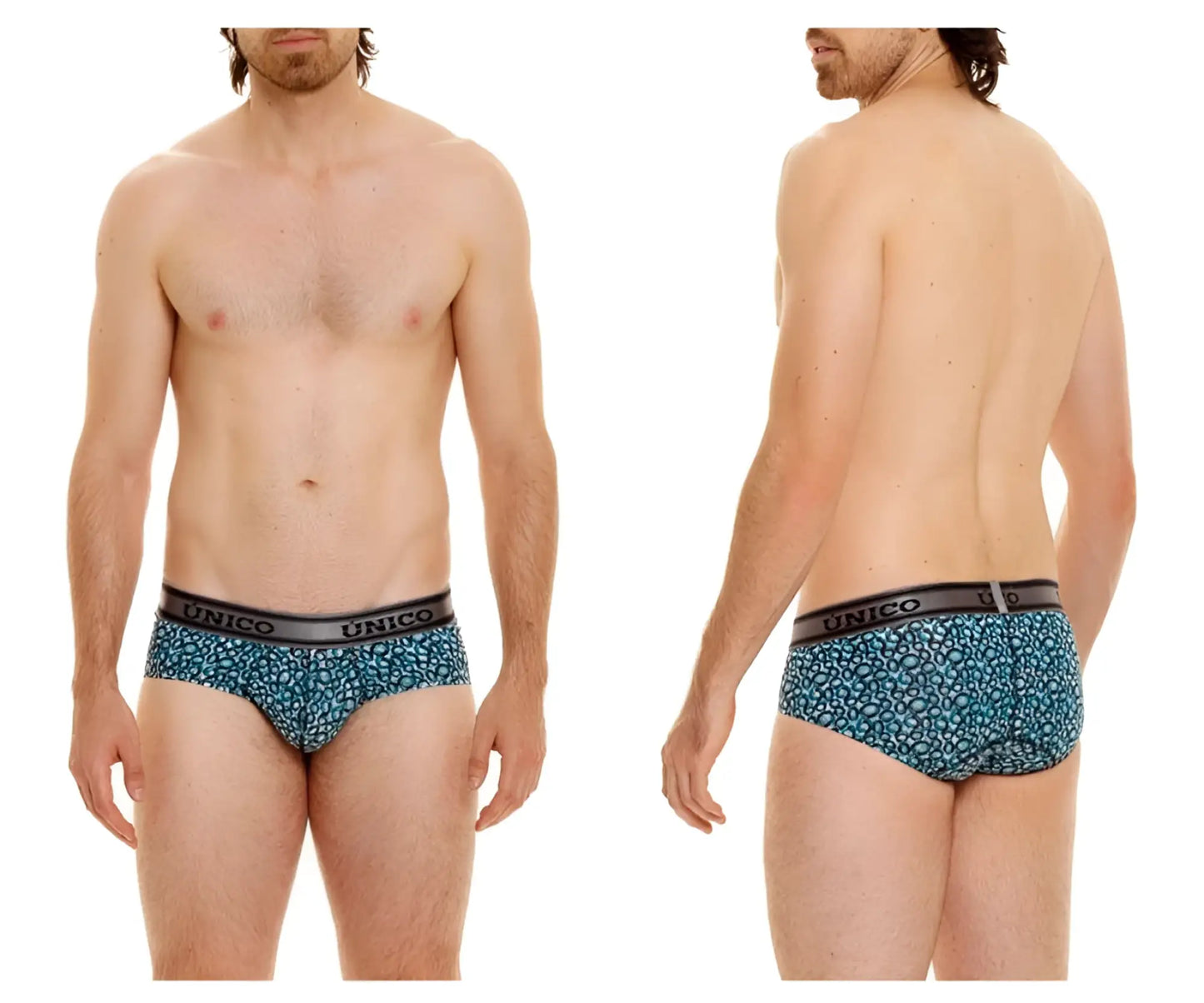 Blue leopard print unico redondel briefs with black elastic waistband in color 46 blue for comfortable wear