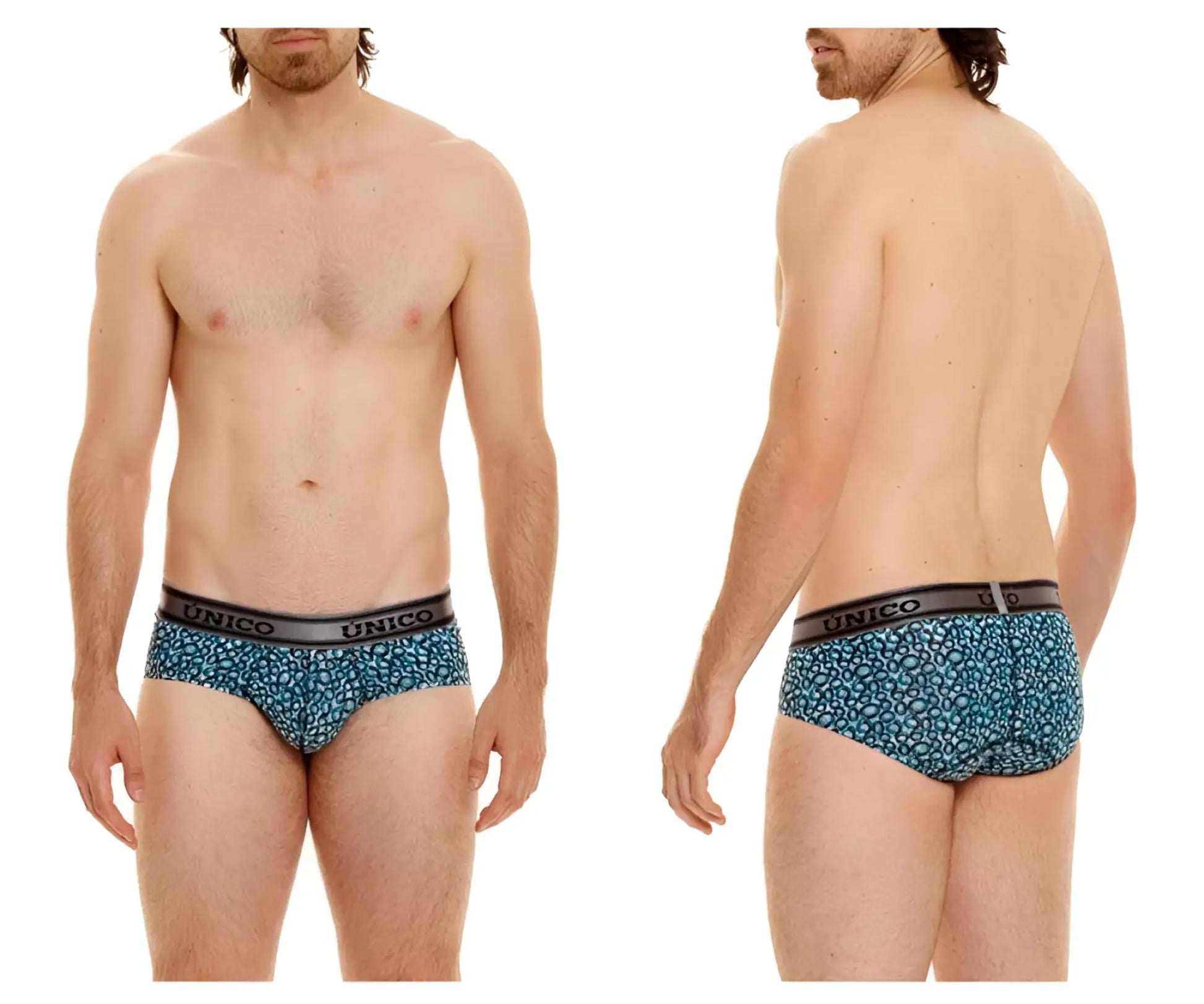 Blue leopard print unico redondel briefs with black elastic waistband in color 46 blue for comfortable wear