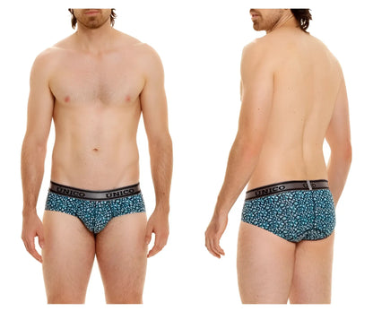 Blue leopard print unico redondel briefs with black elastic waistband in color 46 blue for comfortable wear