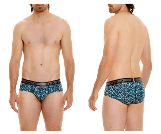 Blue leopard print unico redondel briefs with black elastic waistband in color 46 blue for comfortable wear