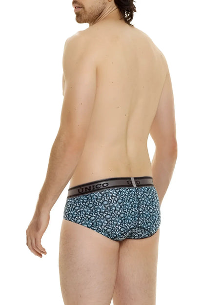 Unico 24020101110 redondel briefs in blue patterned fabric with black elastic waistband for men