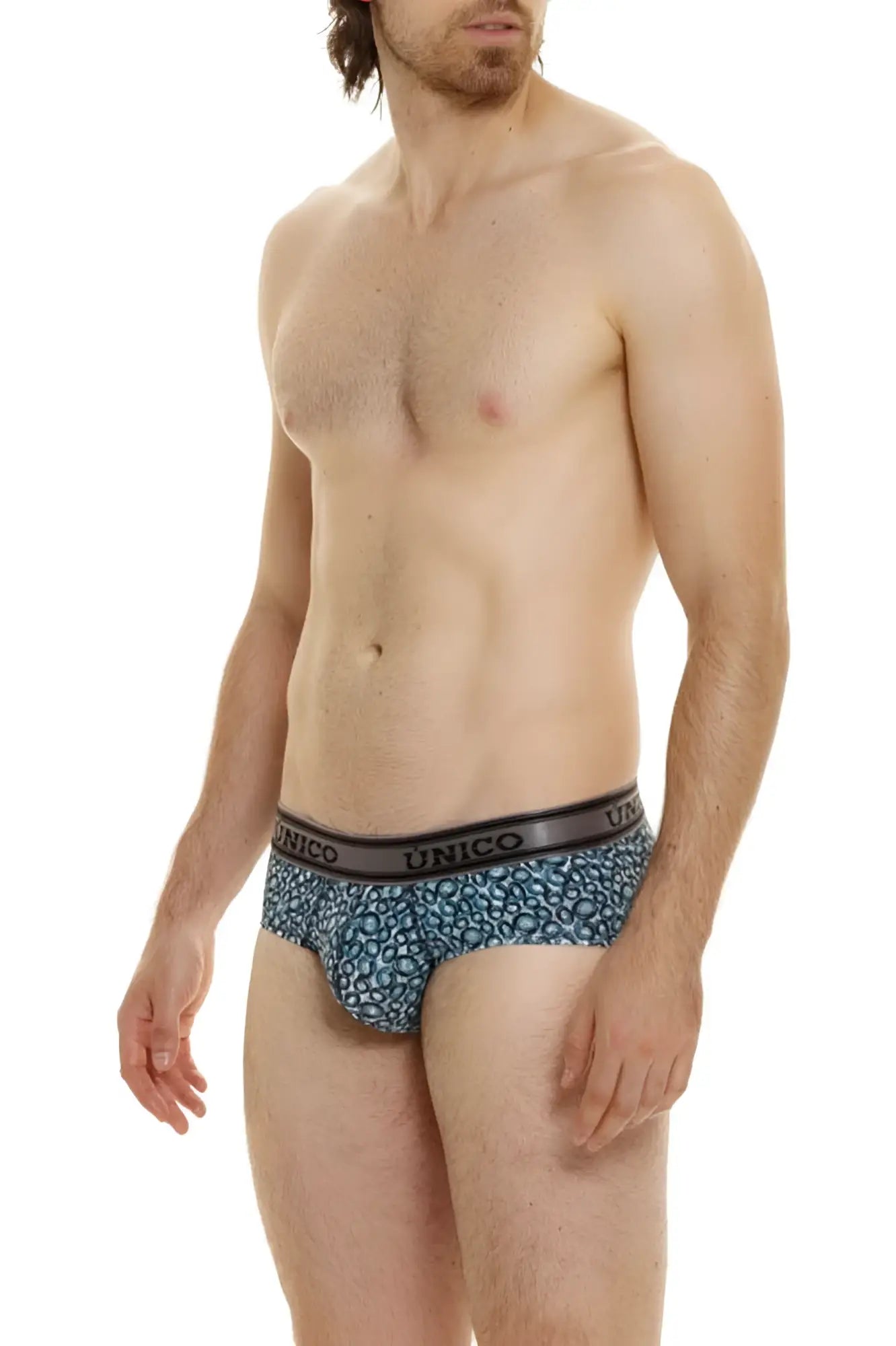 Blue patterned unico men’s briefs with a black elastic waistband from the unico 24020101110 redondel briefs collection