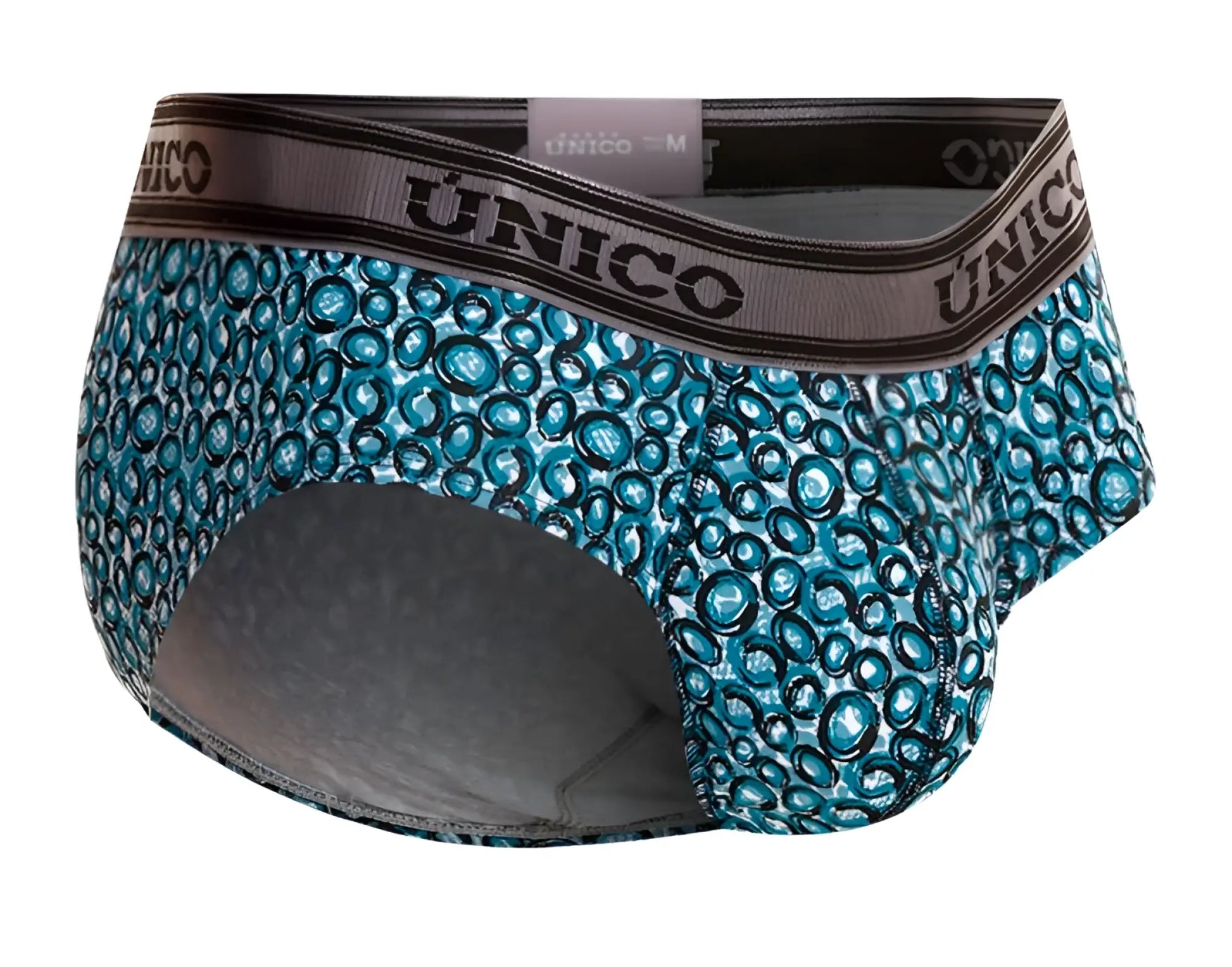 Unico 24020101110 Redondel teal and black circular patterned men’s briefs with gray waistband in blue color