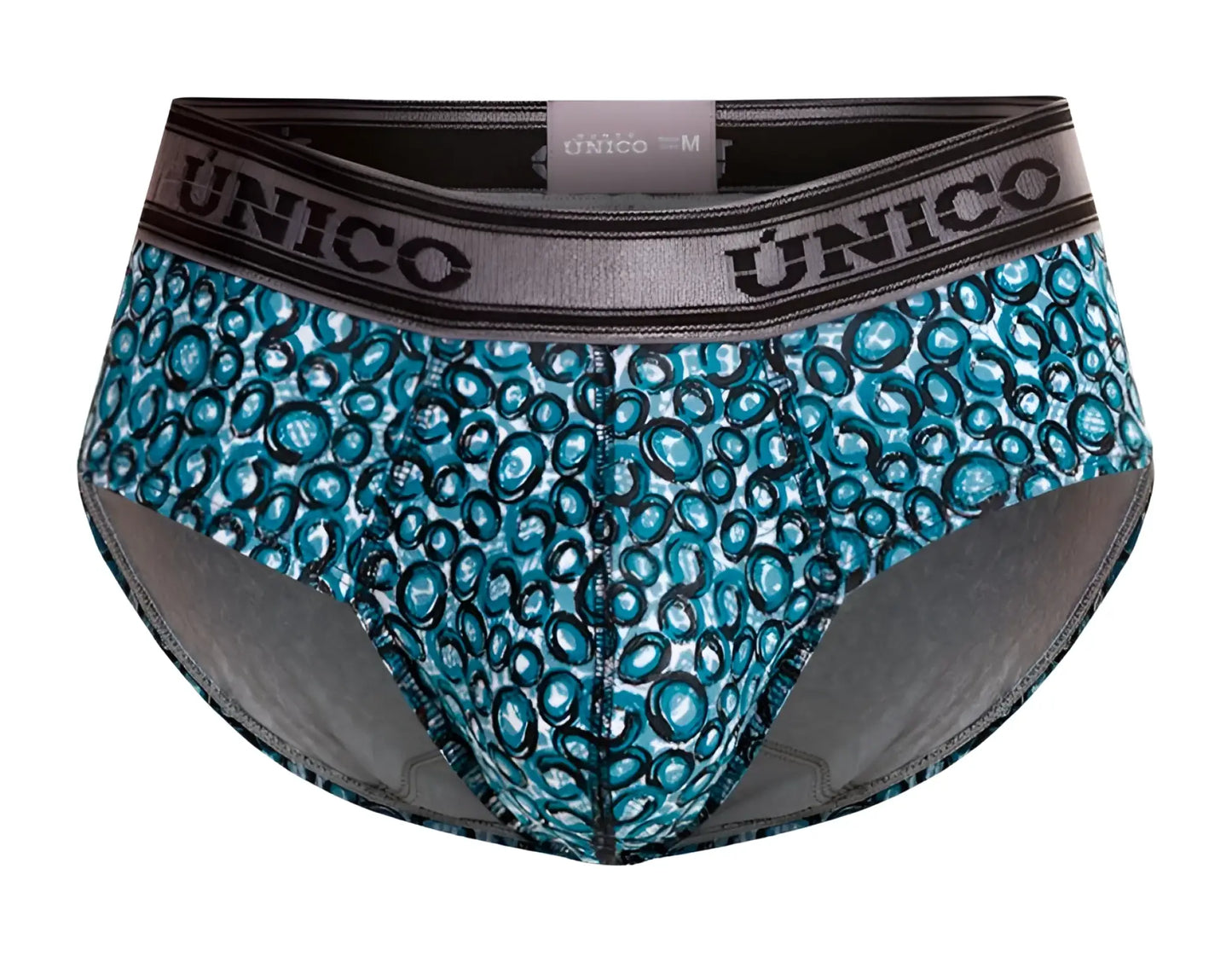 Teal and black circular patterned unico 24020101110 redondel men’s briefs with gray waistband in blue color 46