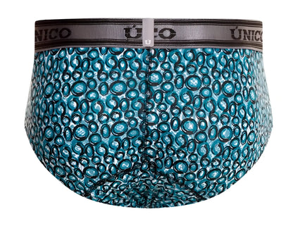 Teal and black circular patterned men’s briefs with gray unico elastic waistband in unico 24020101110 redondel briefs color 46-blue