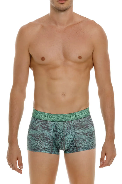 Men’s unico 24080100105 cairel trunks in dark gray and teal abstract wave pattern with textured elastic waistband
