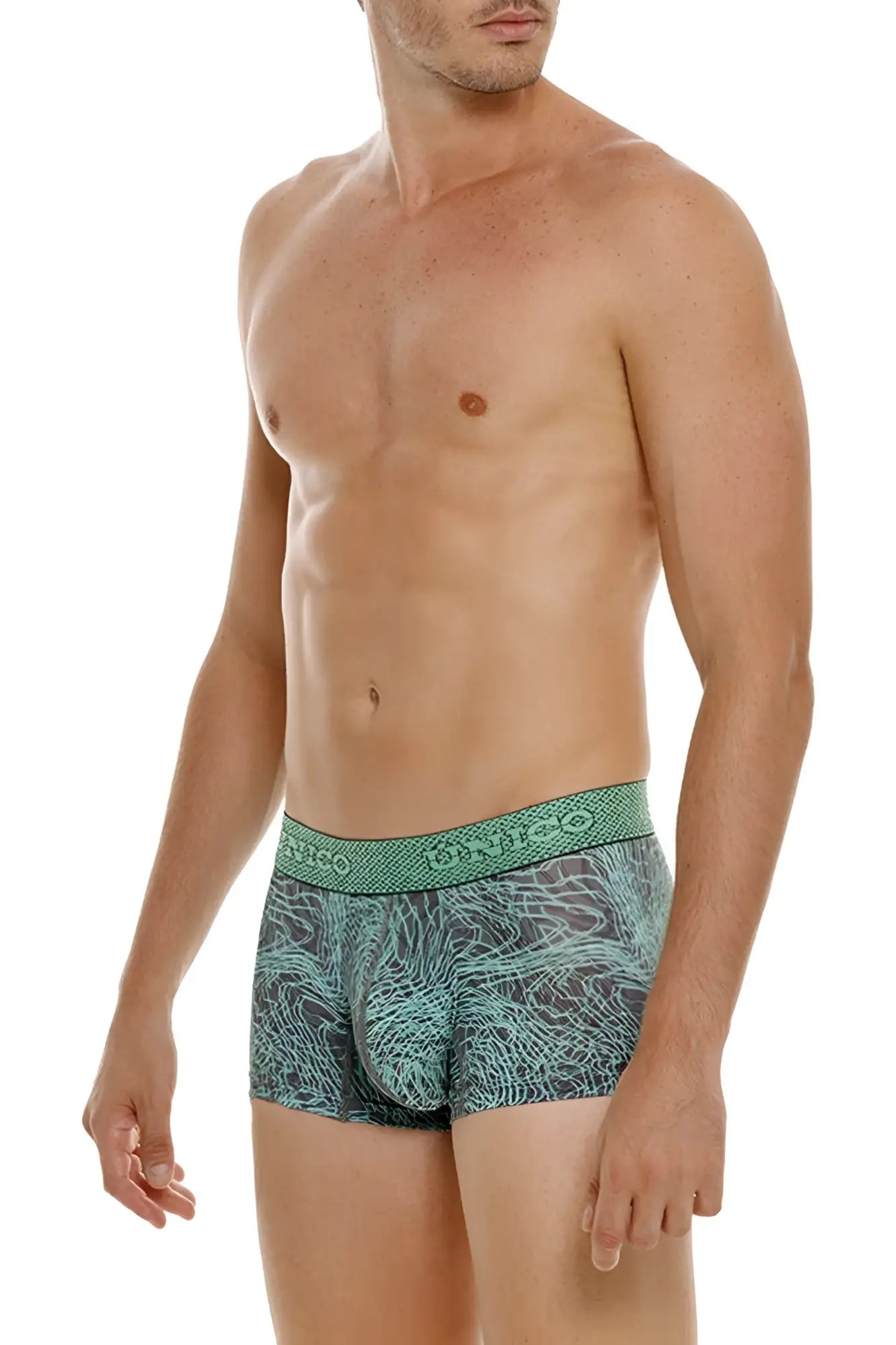 Men’s unico 24080100105 cairel trunks in teal and gray patterned briefs with textured waistband color 43-green